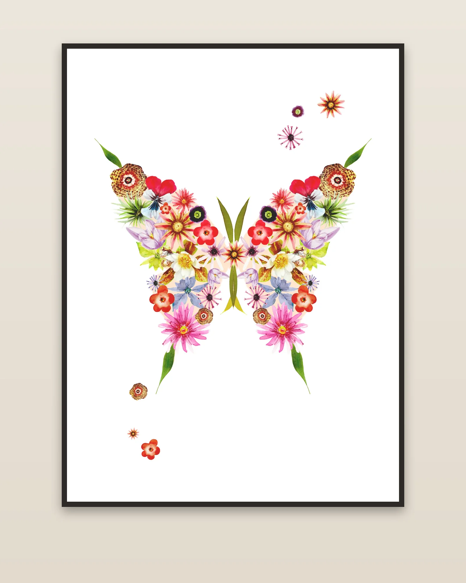 Floral Butterfly watercolor art print framed on a wall