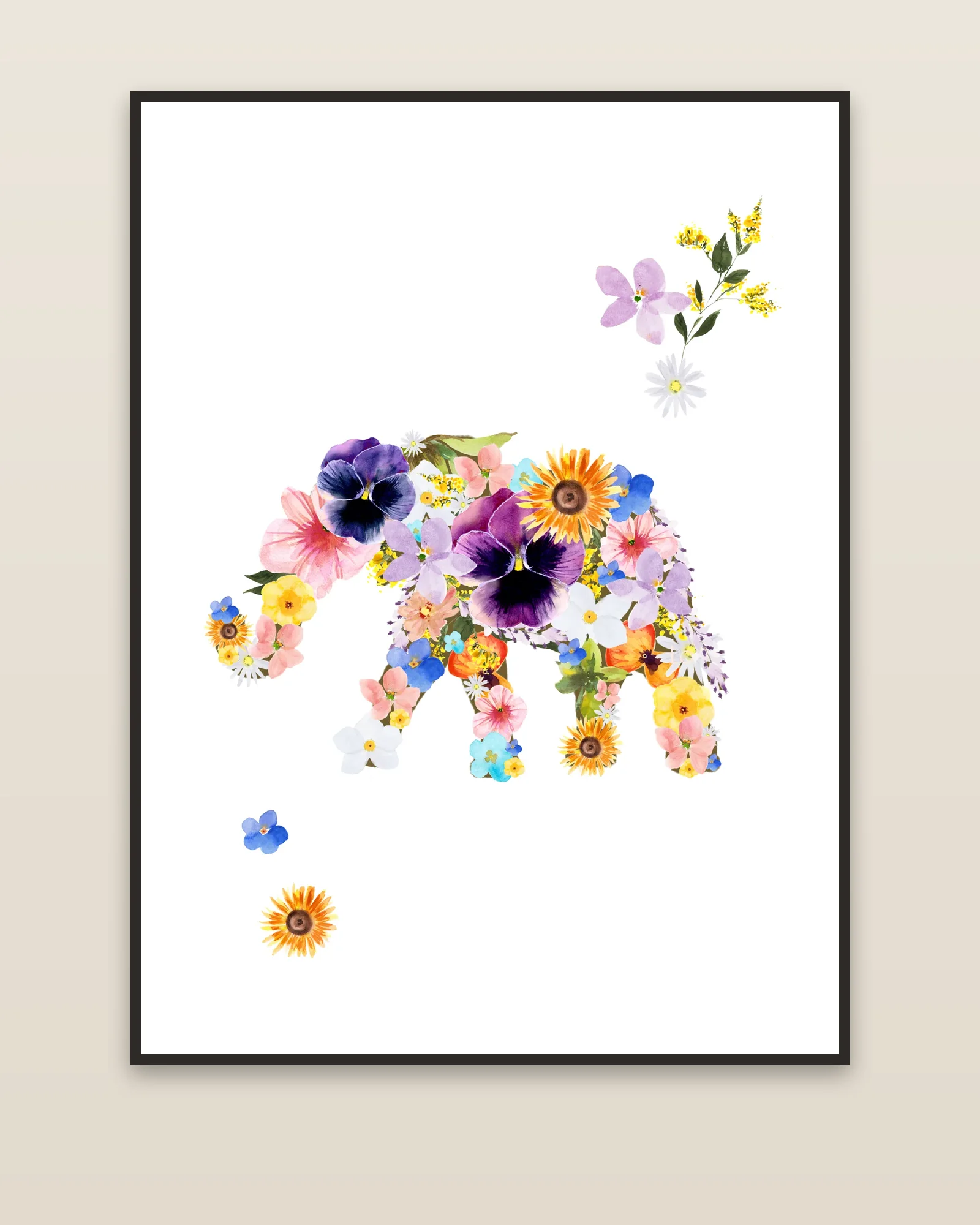 Floral Elephant watercolor art print framed on a wall