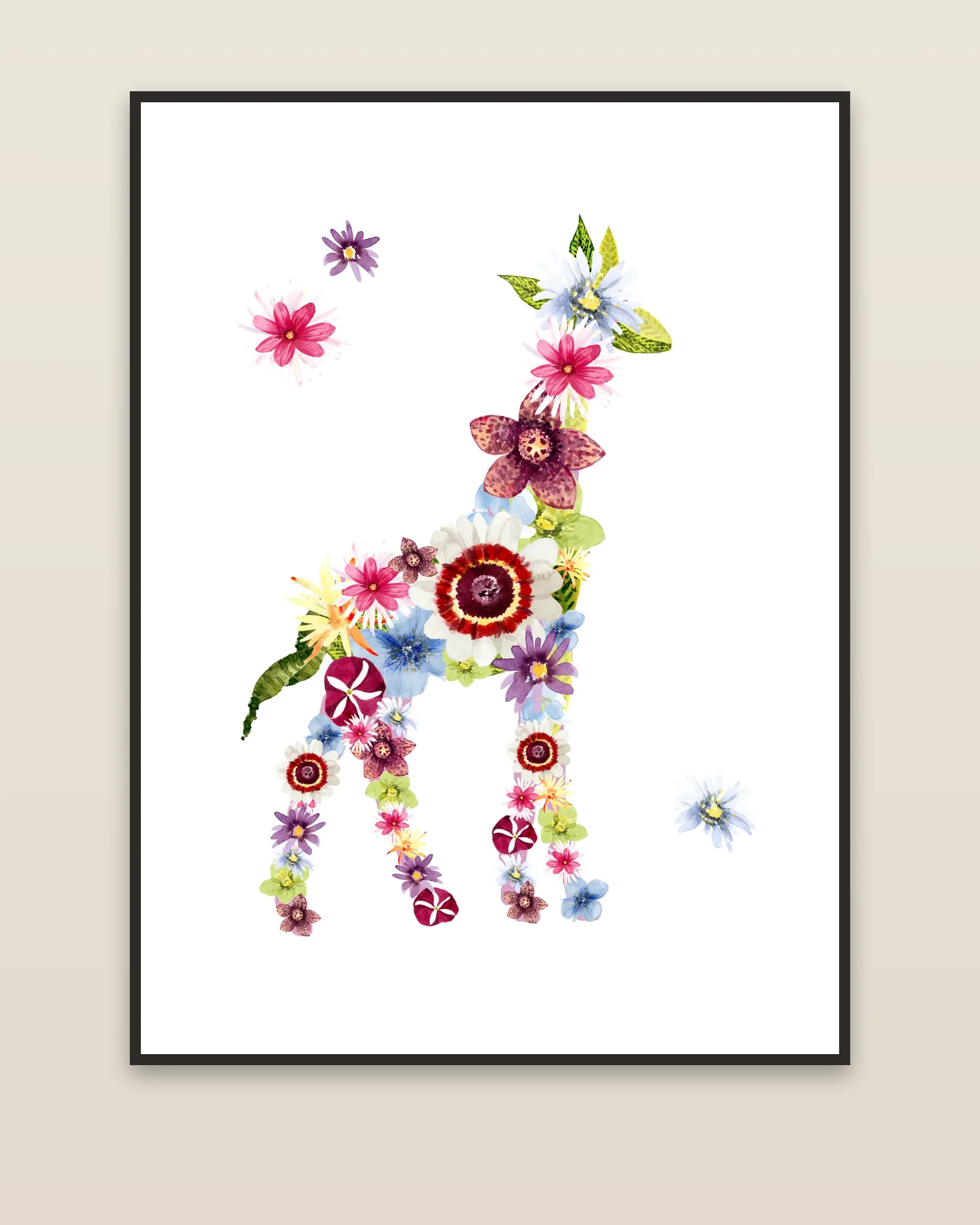 Floral Giraffe watercolor art print framed on a wall