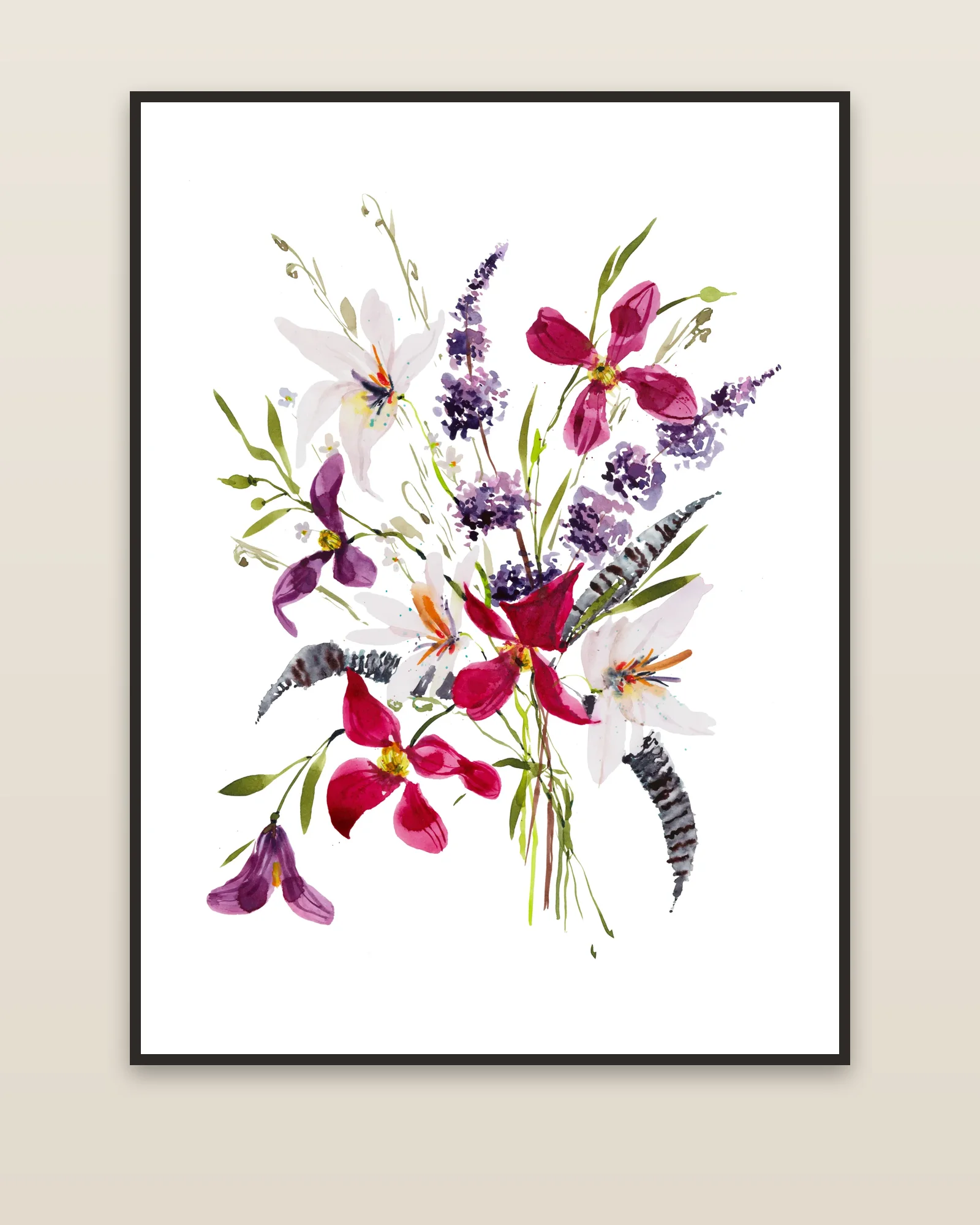 Loose Wild Flowers watercolor art print framed on a wall