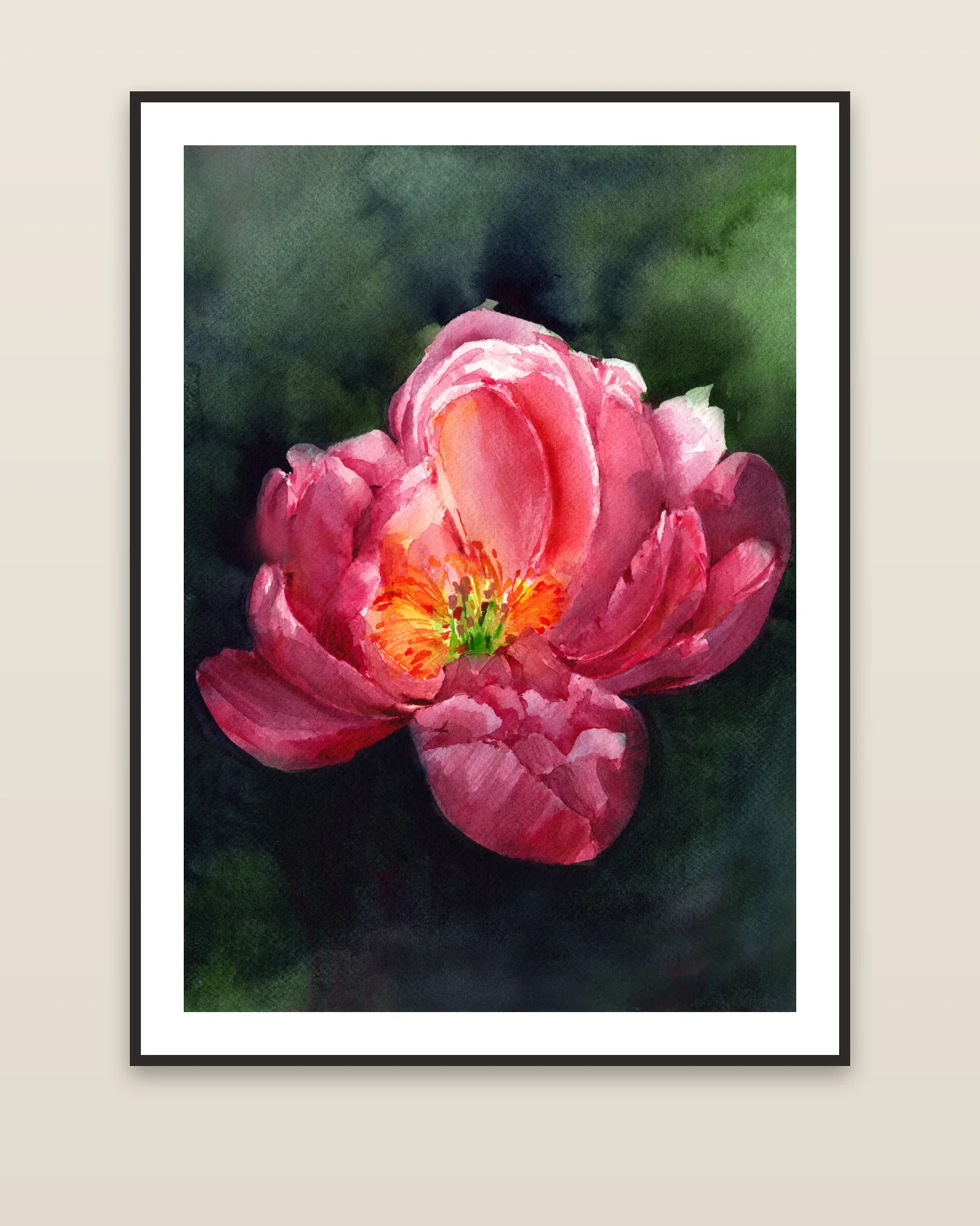 Midnight Peony watercolor art print framed on a wall