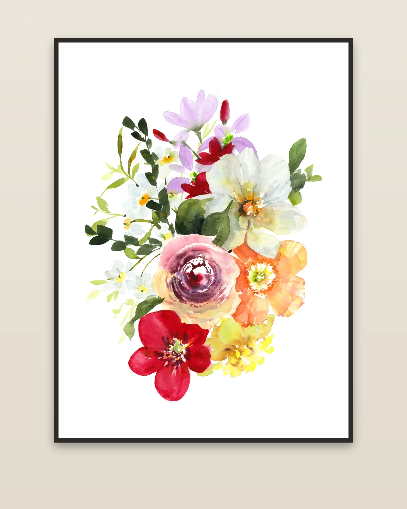 Modern Florals watercolor art print framed on a wall