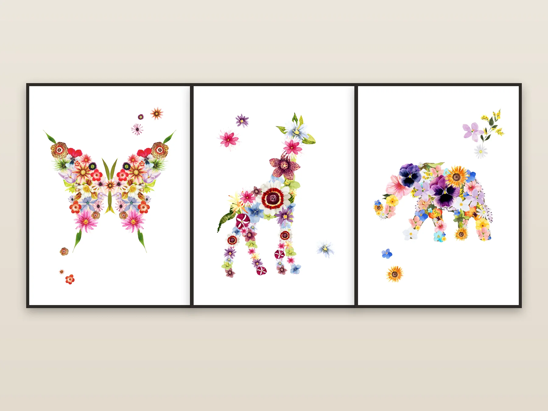 Nursery Set of 3 watercolor art print framed on a wall