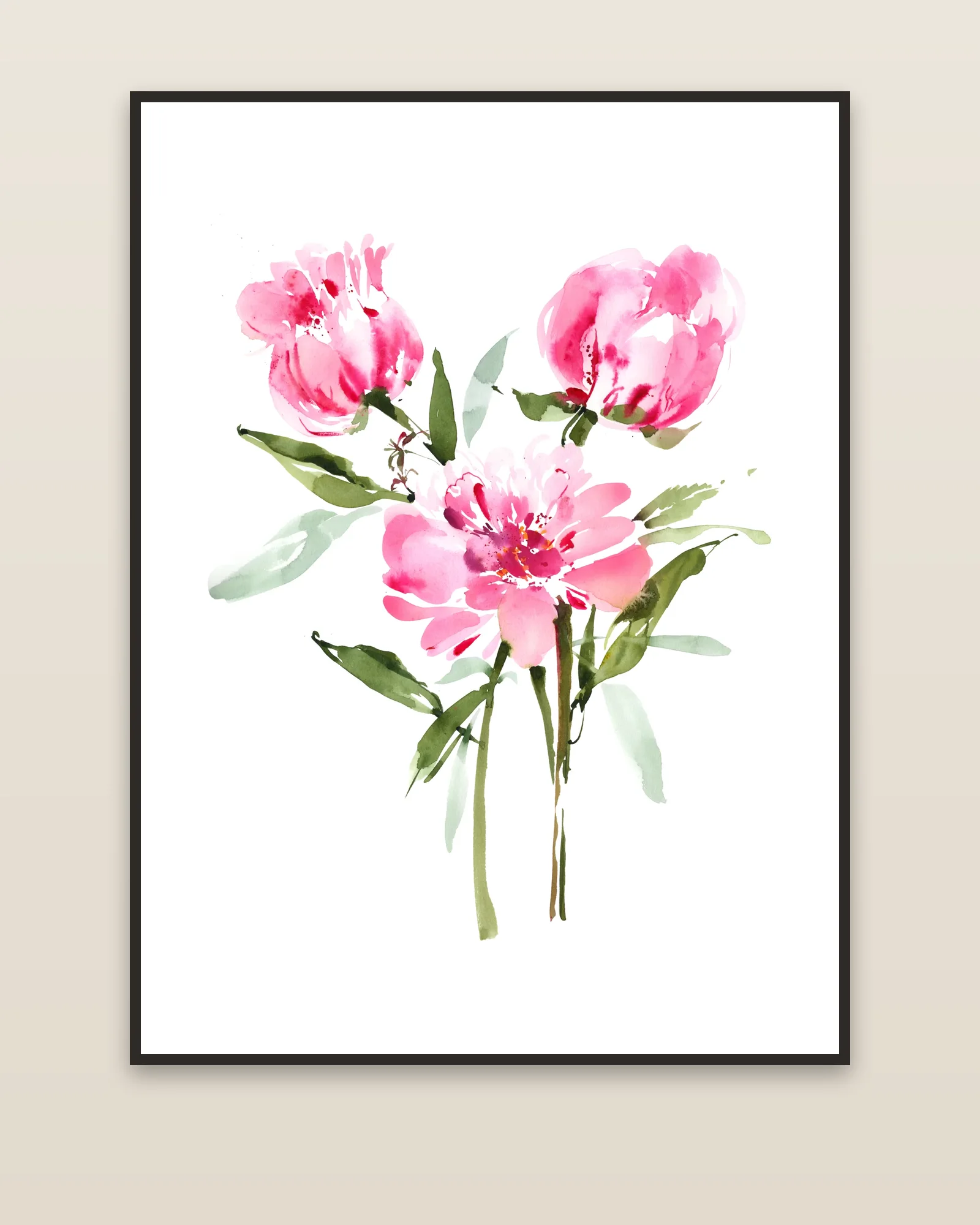 Pink Loose Peonies watercolor art print framed on a wall