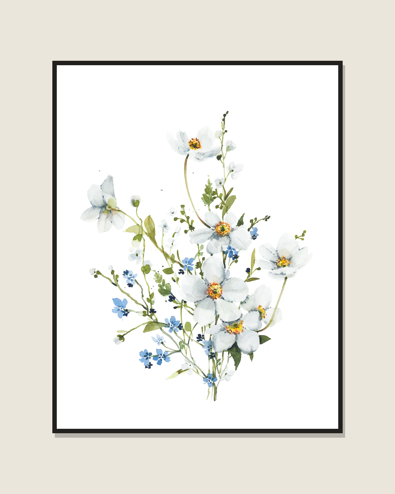 White Anemones watercolor art print framed on a wall