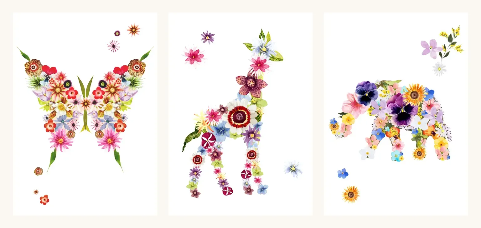 Nursery Set of 3 watercolor animal art prints: butterfly, giraffe, and elephant
